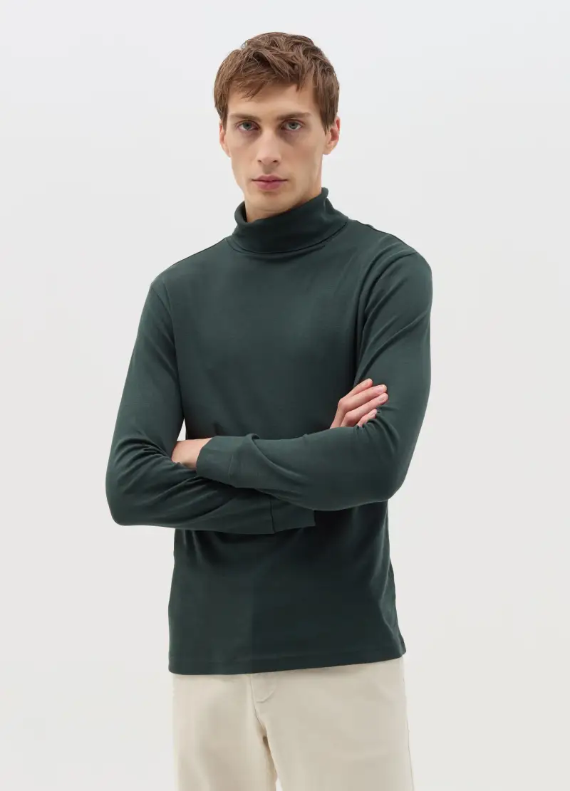 Maglietta Dolcevita Verde Scuro In Puro Cotone, Uomo, Verde miniatura 2