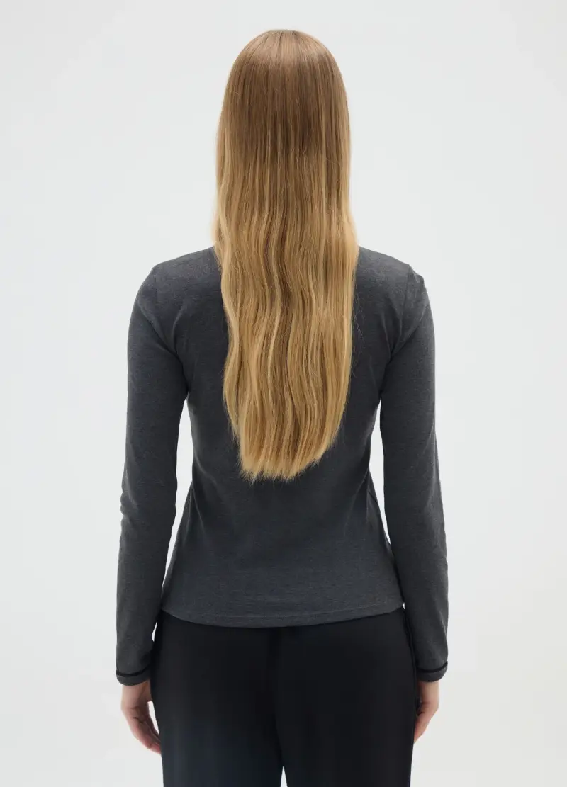 Maglietta Grigia A Maniche Lunghe In Cotone, Donna, Nero miniatura 3