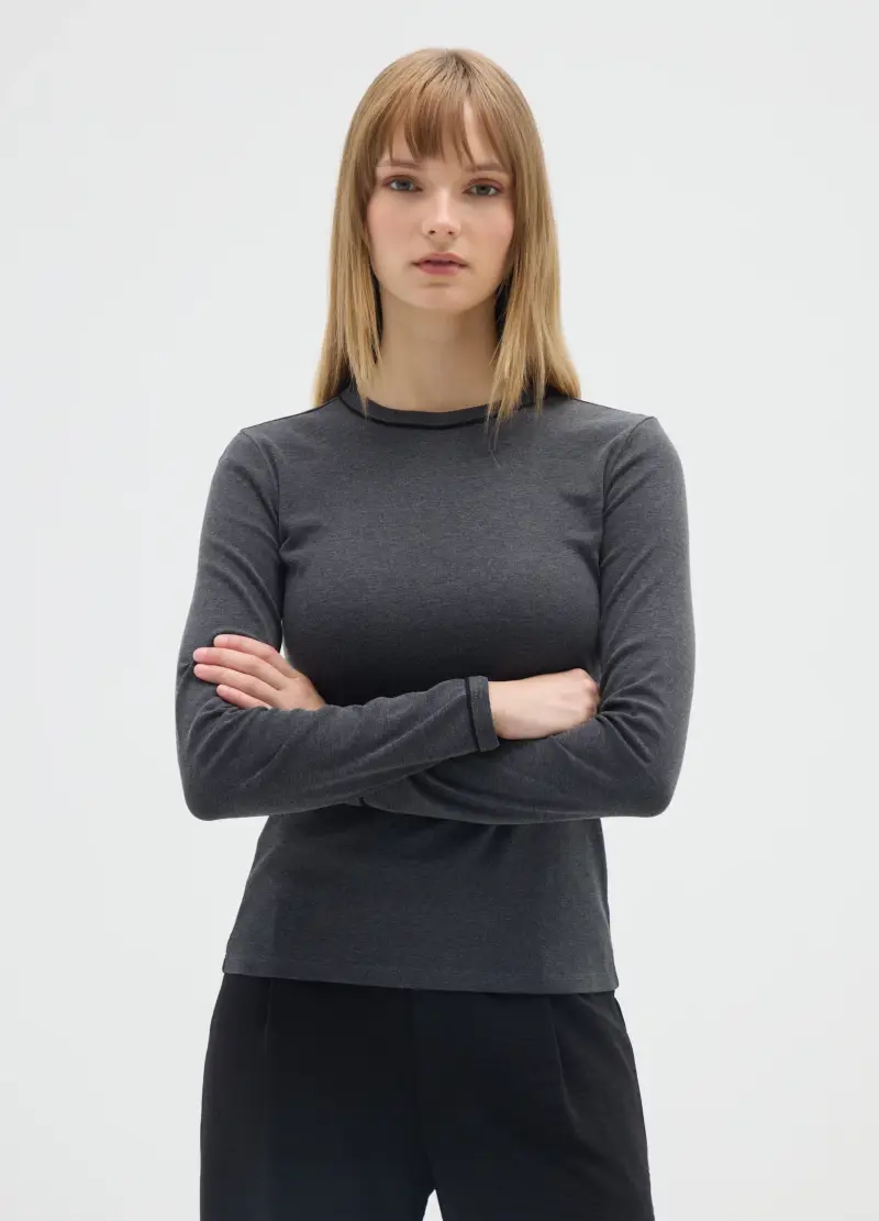 Maglietta Grigia A Maniche Lunghe In Cotone, Donna, Nero