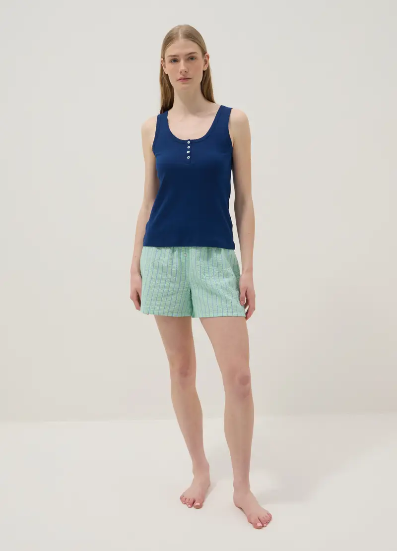 Maglietta In Puro Cotone Blu Regular Fit Con Collo Serafino, Donna, Blu miniatura 2