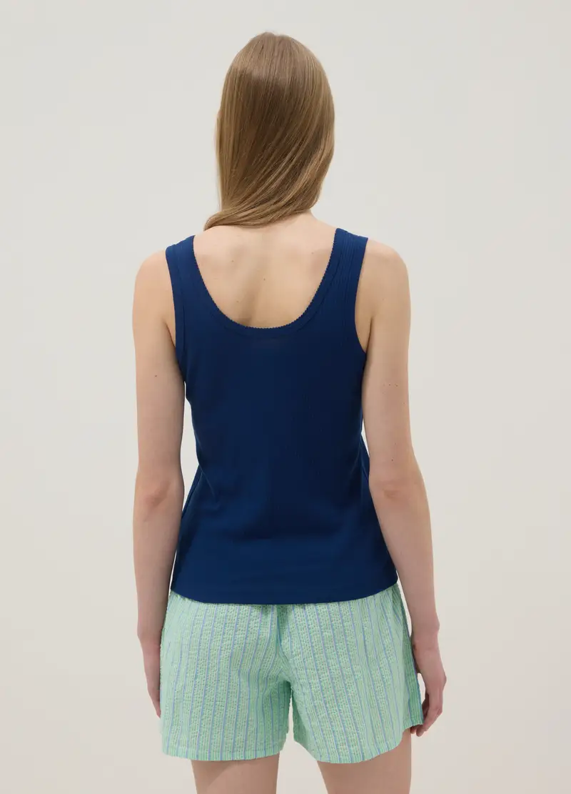 Maglietta In Puro Cotone Blu Regular Fit Con Collo Serafino, Donna, Blu miniatura 3