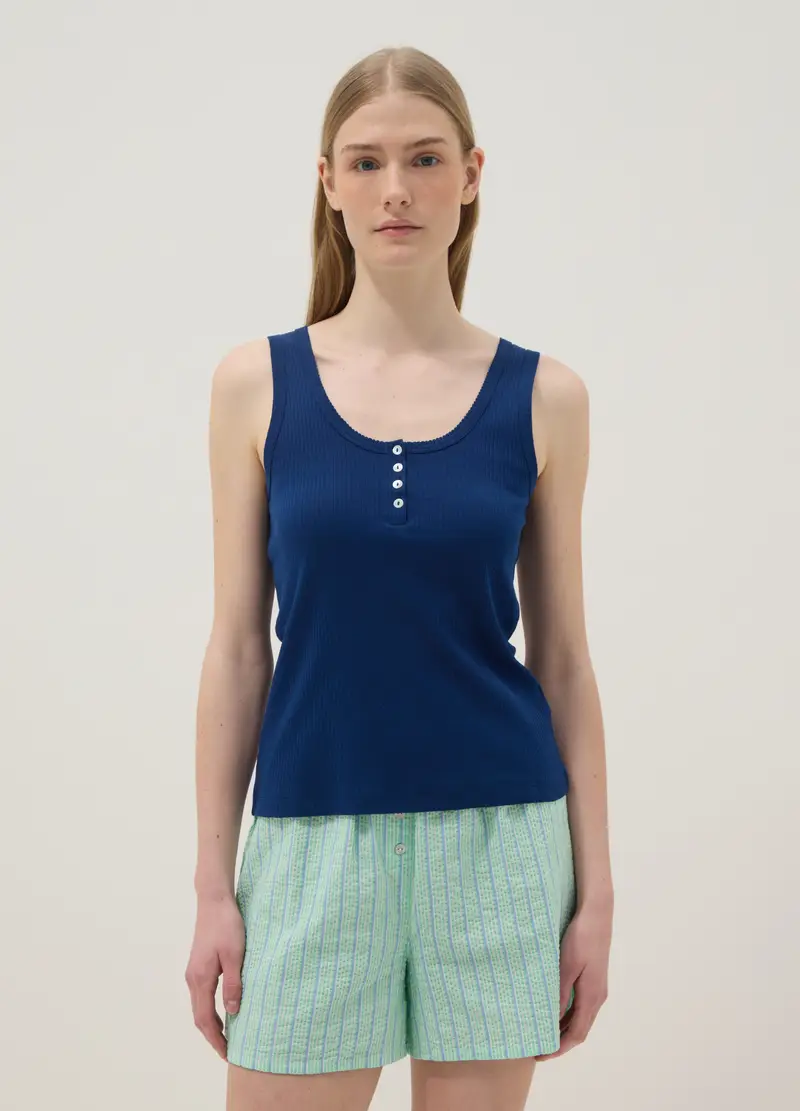 Maglietta In Puro Cotone Blu Regular Fit Con Collo Serafino, Donna, Blu