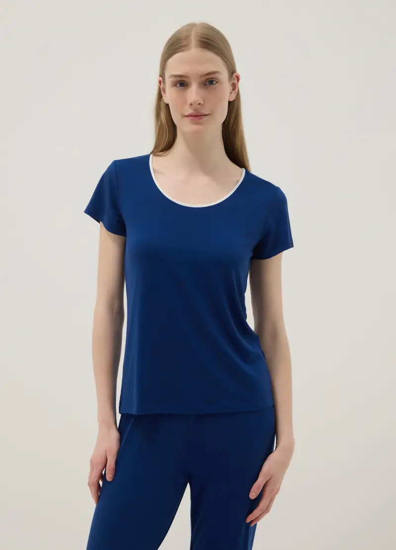Maglietta Pigiama In Misto Viscosa Elasticizzata Blu Regular Fit, Donna, Blu