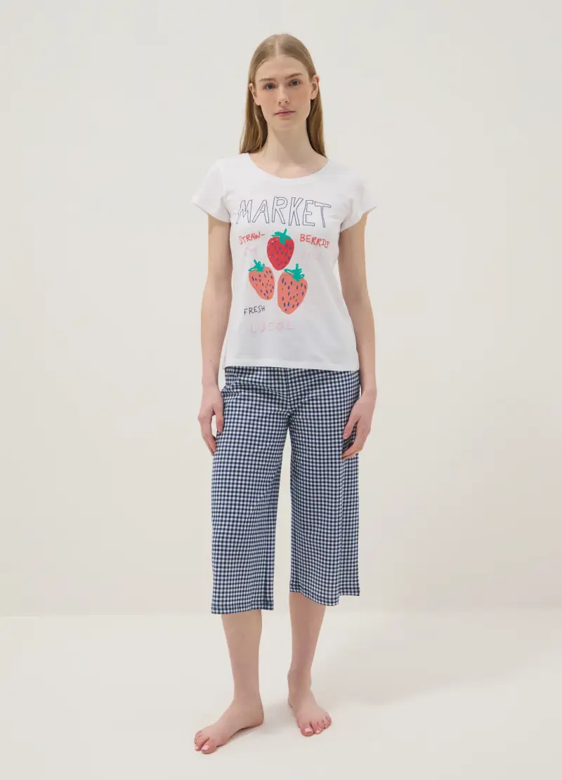 Maglietta Pigiama In Puro Cotone Bianca Regular Fit Con Fragole, Donna, Bianco miniatura 2