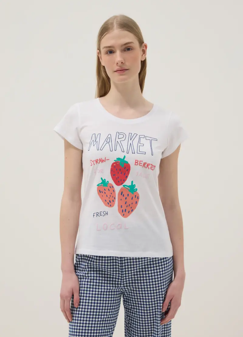 Maglietta Pigiama In Puro Cotone Bianca Regular Fit Con Fragole, Donna, Bianco