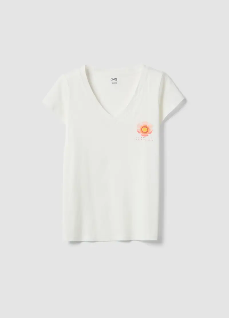 Maglietta Pigiama In Puro Cotone Bianca Regular Fit Con Scollo A V, Donna, Bianco