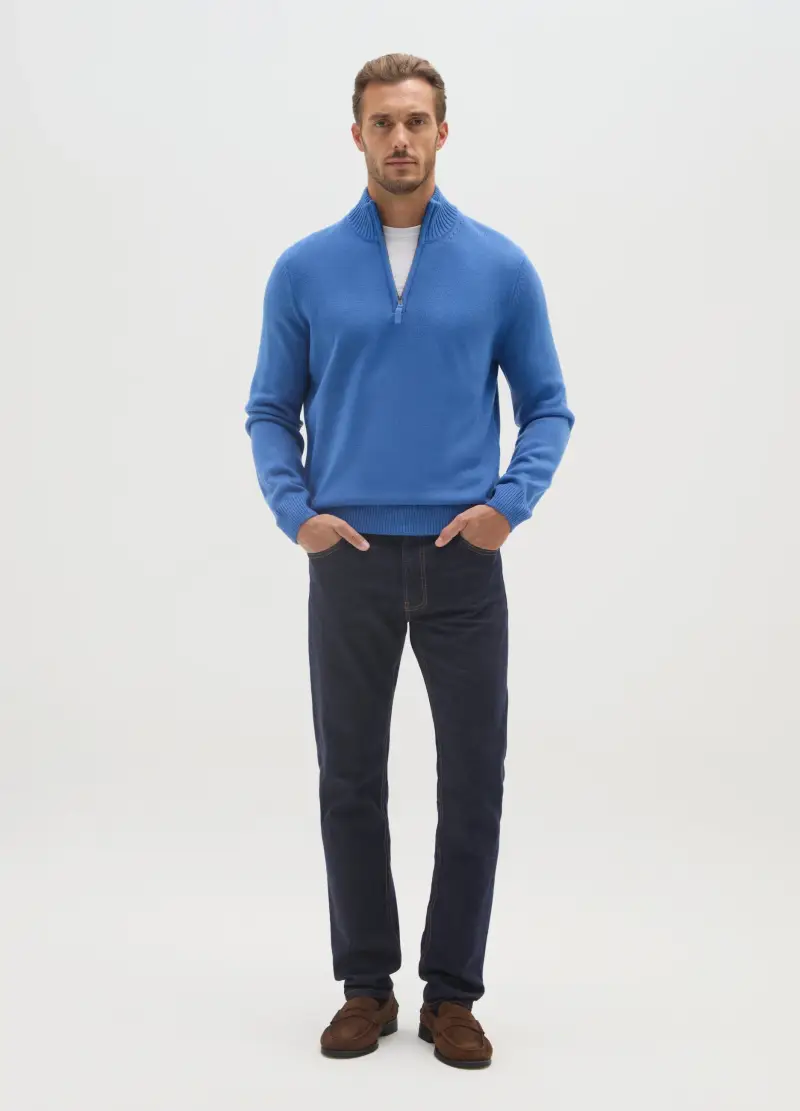 Maglione A Collo Alto Azzurro Regular Fit Con Zip Corta, Uomo, Azzurro