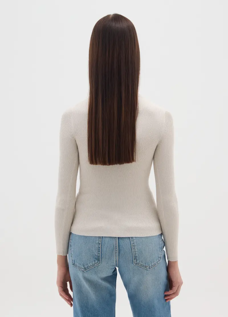 Maglione A Collo Alto Beige Vestibilità Fitted, Donna, Beige miniatura 3