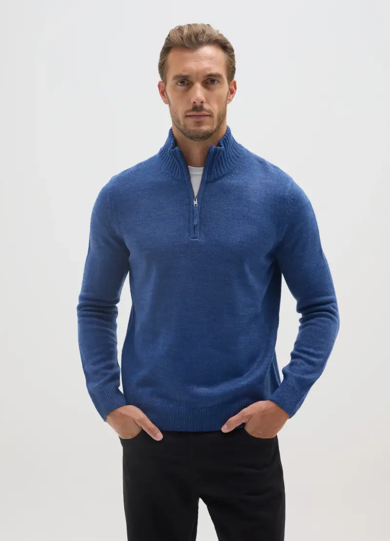 Maglione A Collo Alto Blu Regular Fit Con Zip Corta, Uomo, Blu miniatura 2