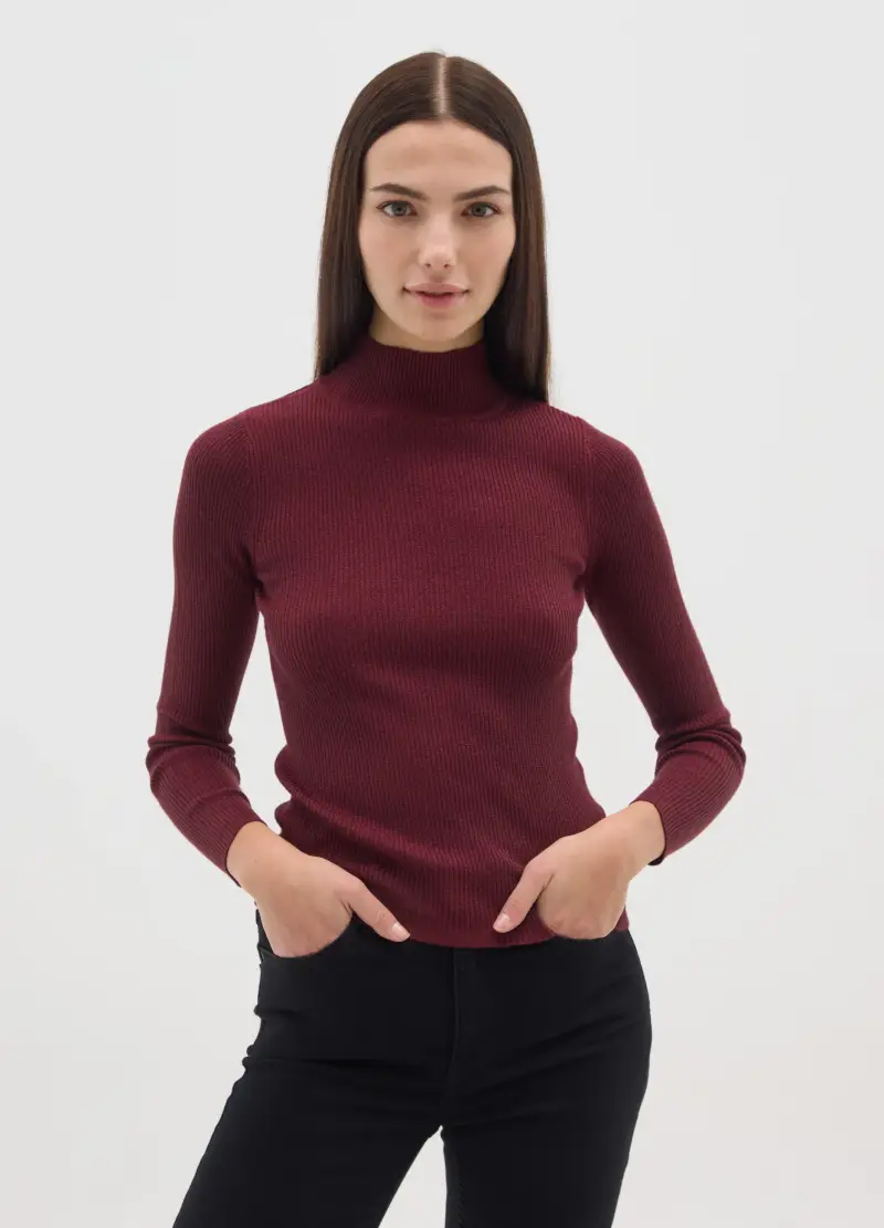 Maglione A Collo Alto Bordeaux Vestibilità Fitted, Donna, Rosso miniatura 2