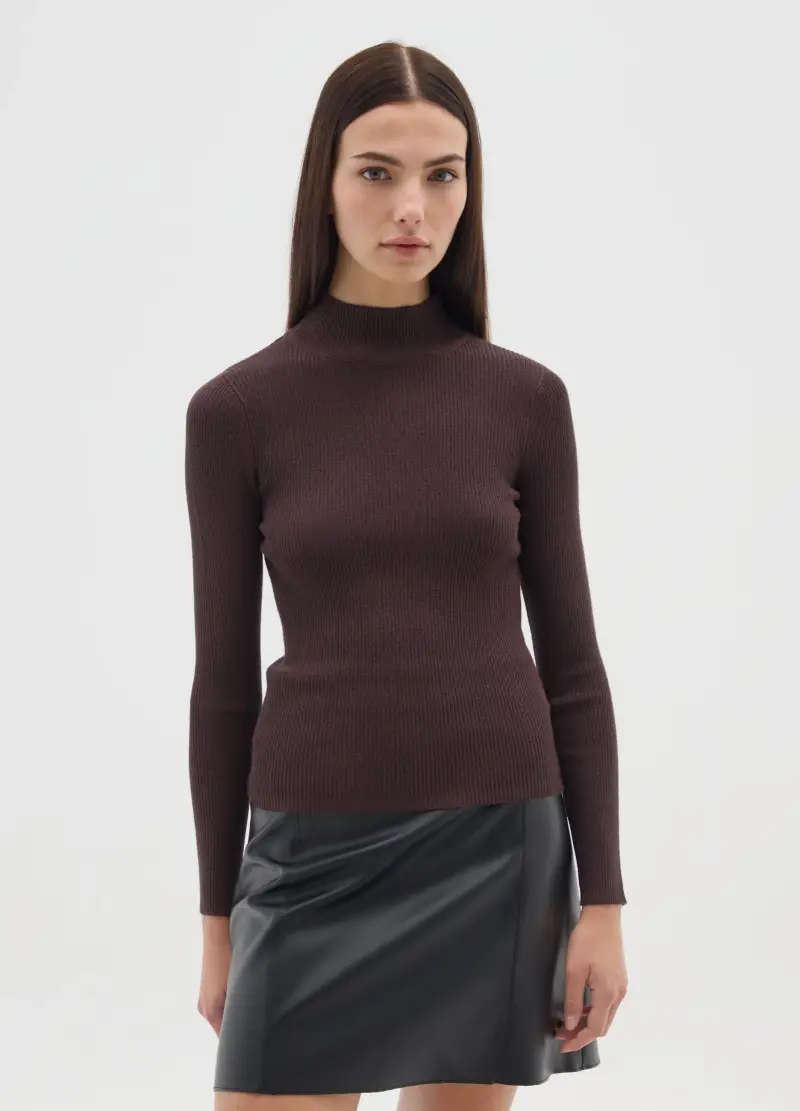 Maglione A Collo Alto Marrone Vestibilità Fitted, Donna, Marrone miniatura 2