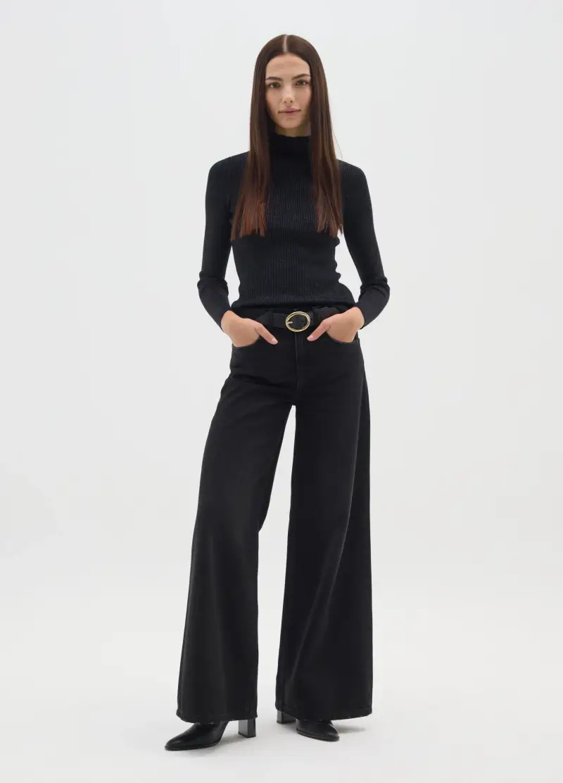 Maglione A Collo Alto Nero Vestibilità Fitted, Donna, Nero