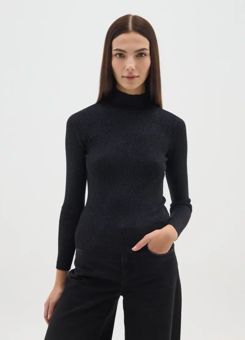 Maglione A Collo Alto Nero Vestibilità Fitted, Donna, Nero miniatura 2