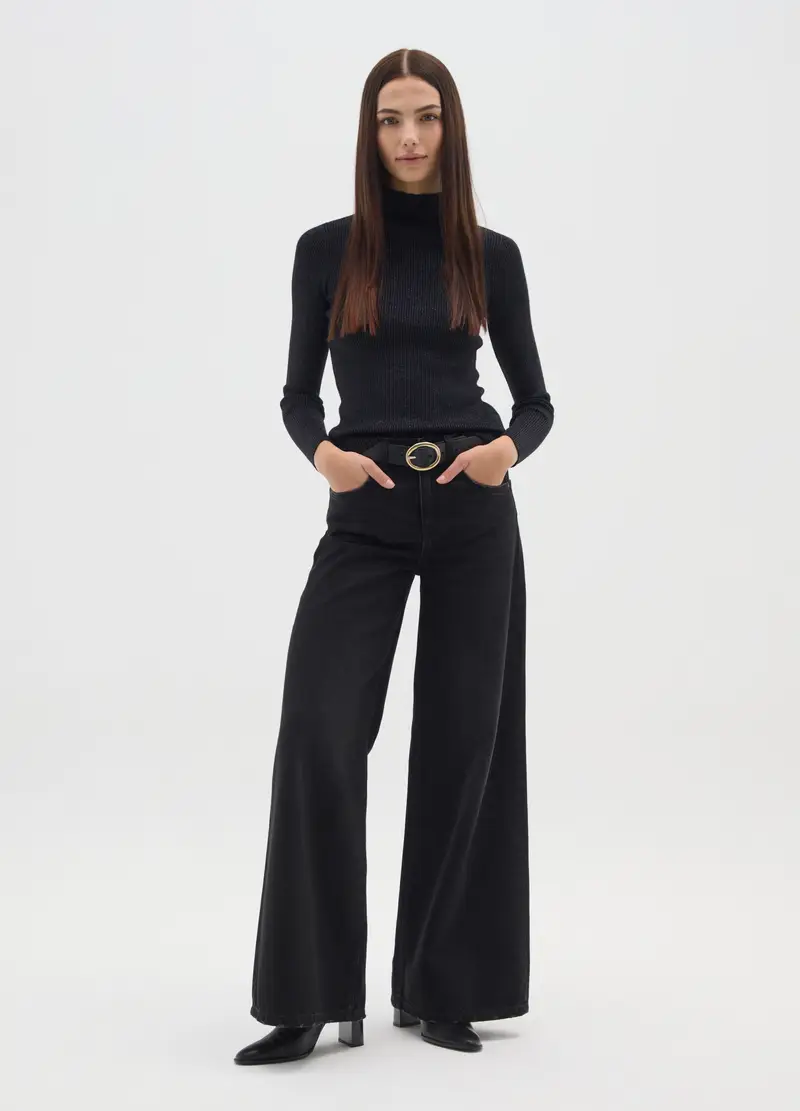 Maglione A Collo Alto Nero Vestibilità Fitted, Donna, Nero