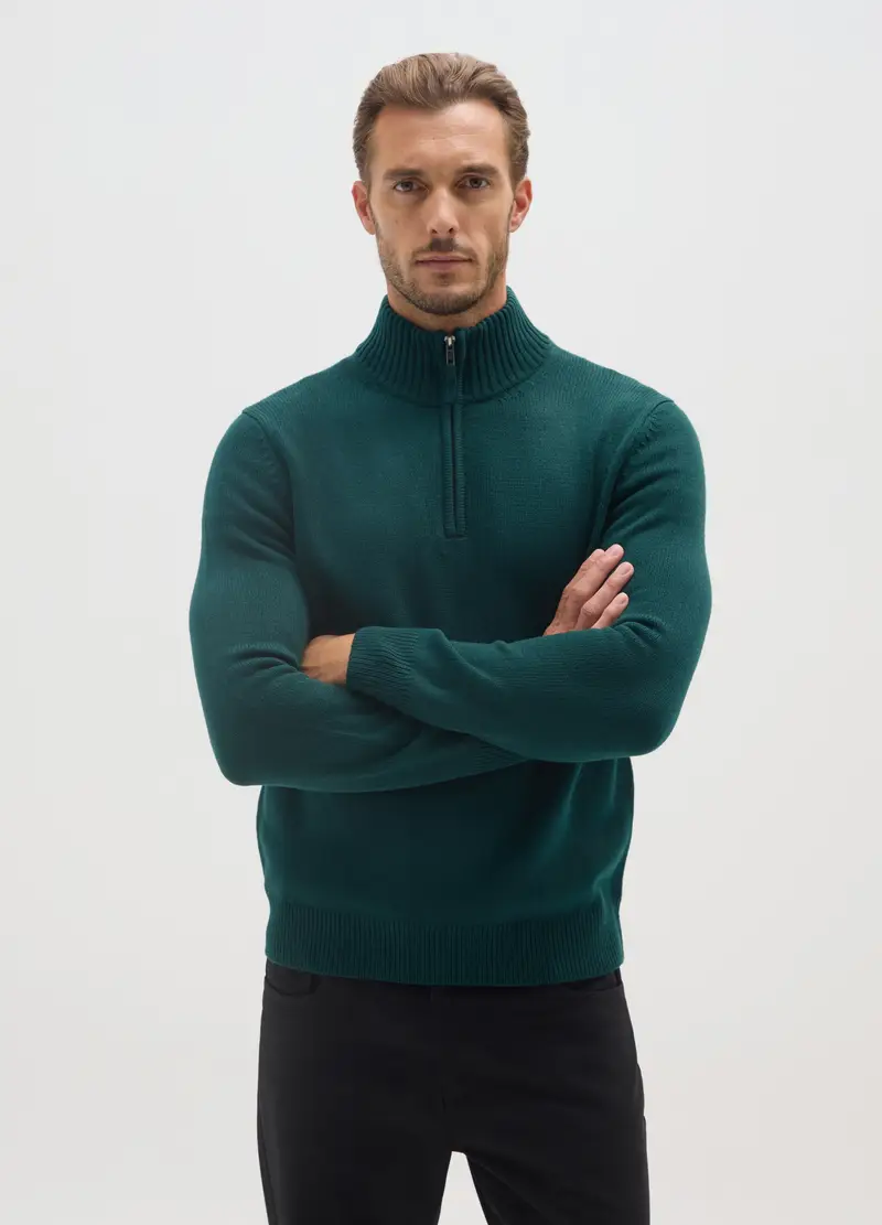 Maglione A Collo Alto Verde Regular Fit Con Zip Corta, Uomo, Verde miniatura 2