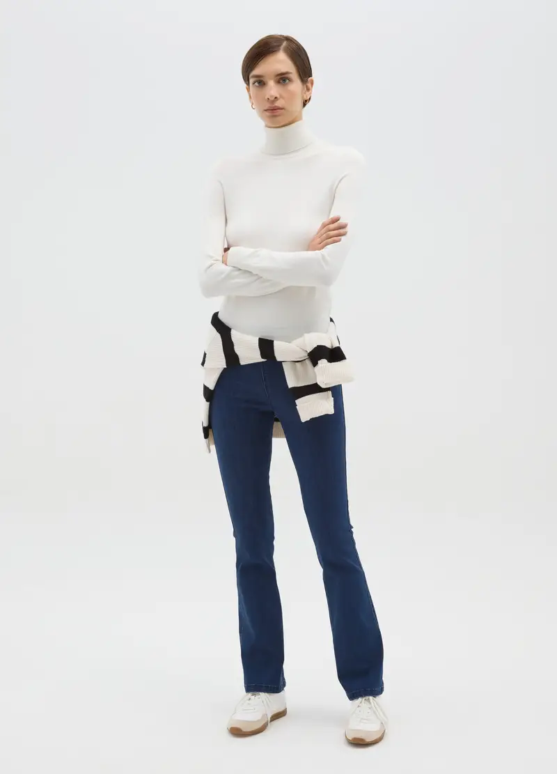 Maglione A Coste Bianco Con Collo Alto Regular Fit, Donna, Bianco miniatura 2