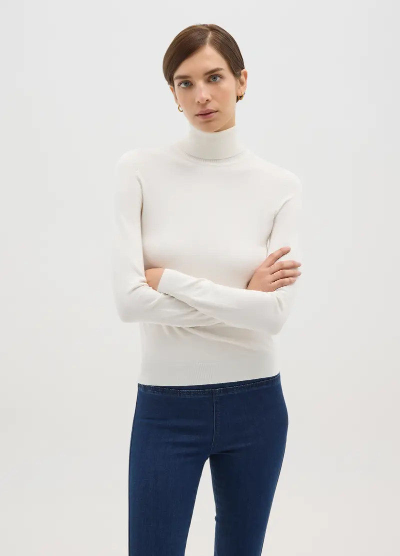 Maglione A Coste Bianco Con Collo Alto Regular Fit, Donna, Bianco