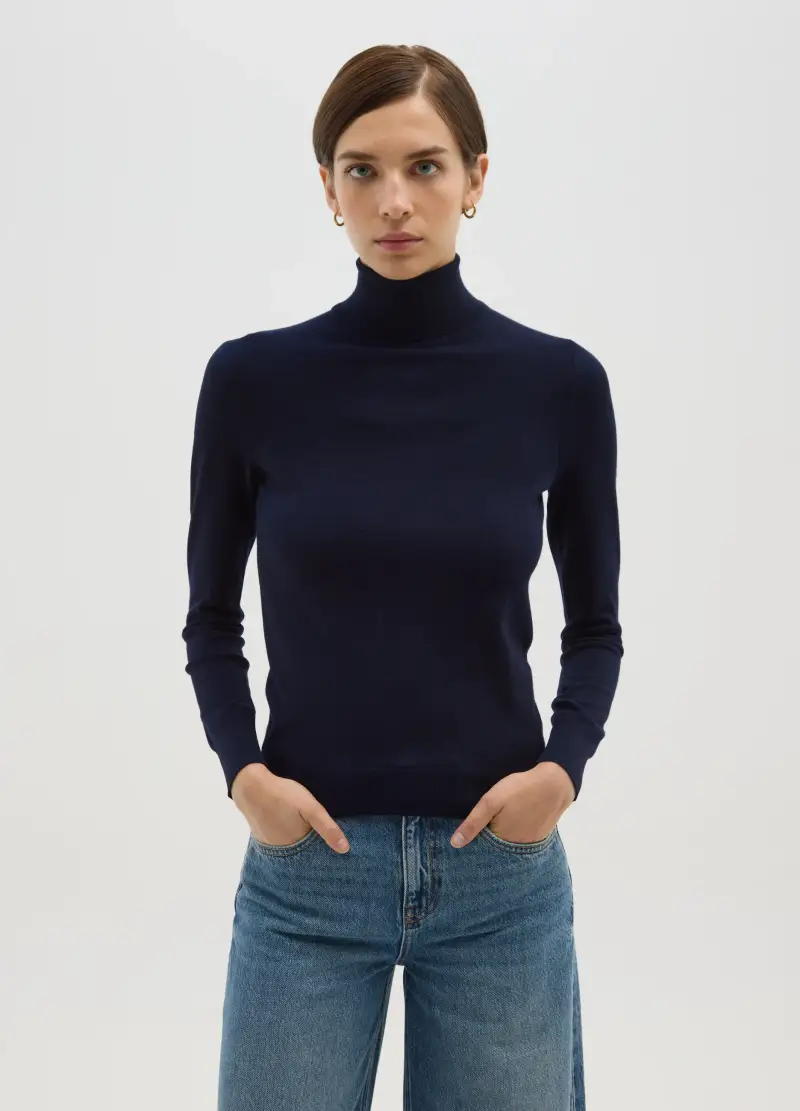 Maglione A Coste Blu Con Collo Alto Regular Fit, Donna, Blu miniatura 2