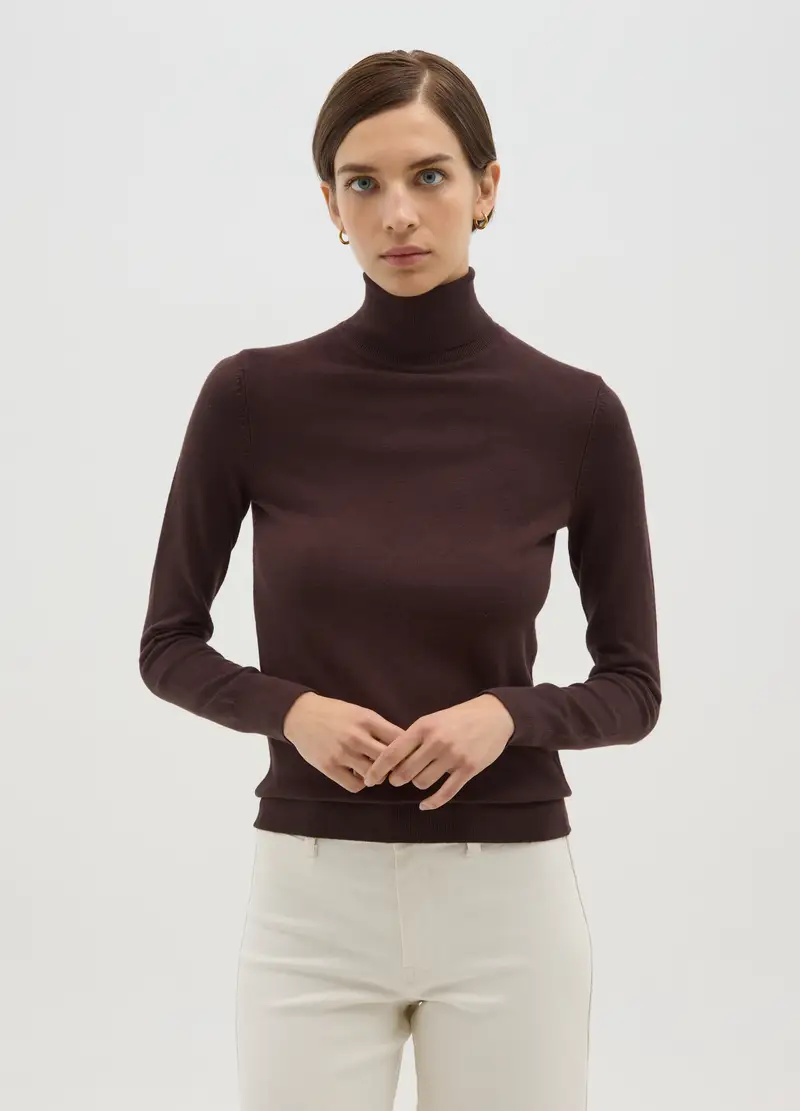 Maglione A Coste Marrone Con Collo Alto Regular Fit, Donna, Marrone miniatura 2