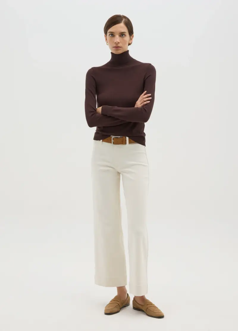 Maglione A Coste Marrone Con Collo Alto Regular Fit, Donna, Marrone