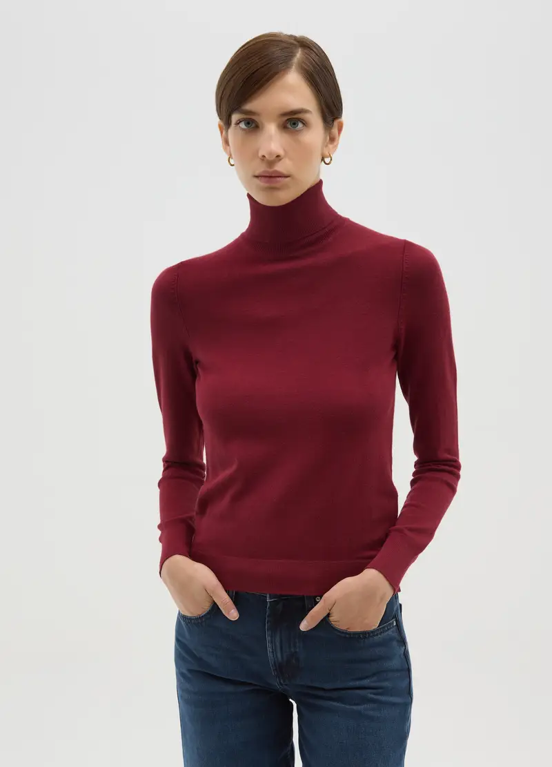 Maglione A Coste Rosso Con Collo Alto Regular Fit, Donna, Rosso miniatura 2