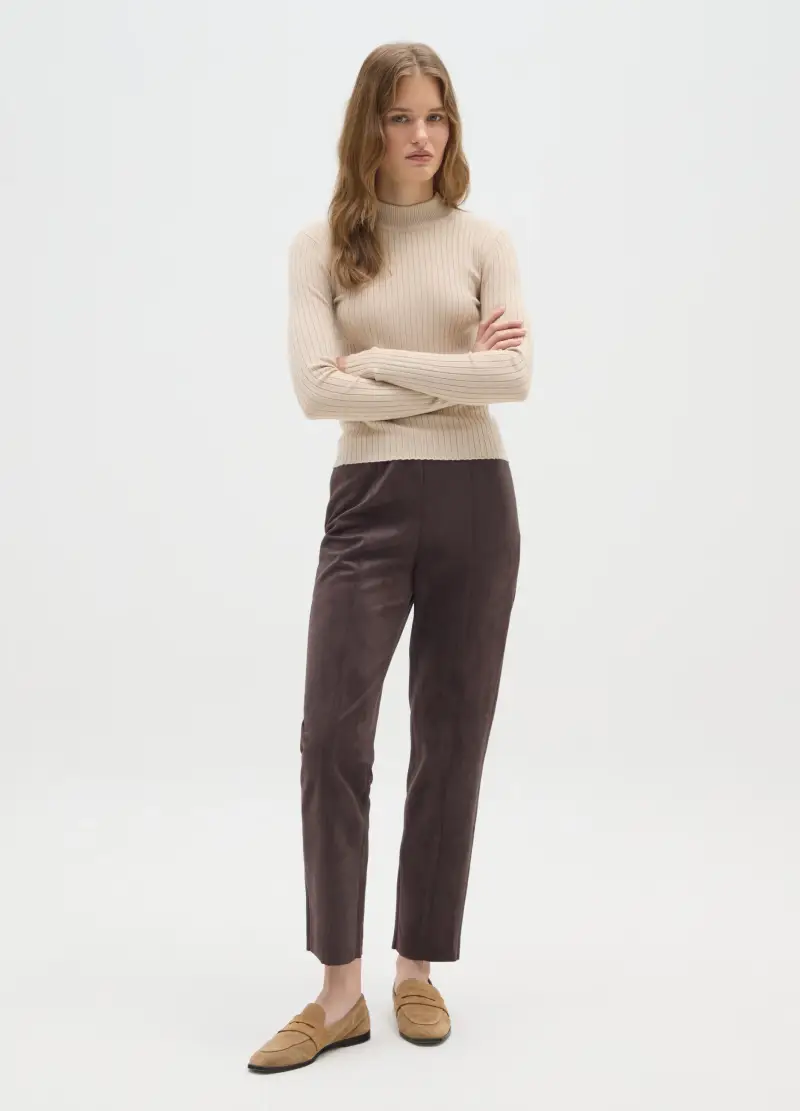 Maglione Beige A Costine Con Collo A Lupetto, Donna, Beige miniatura 2