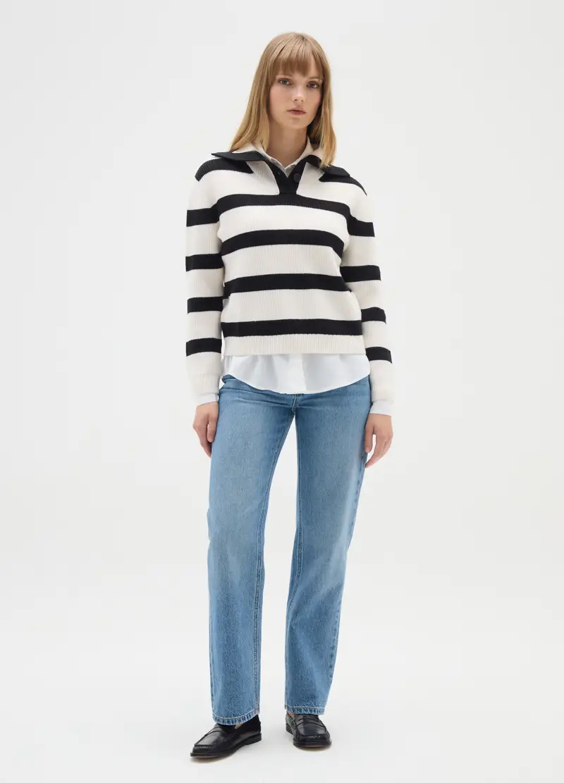 Maglione Bianco A Righe Nere Con Colletto, Donna, Bianco miniatura 2