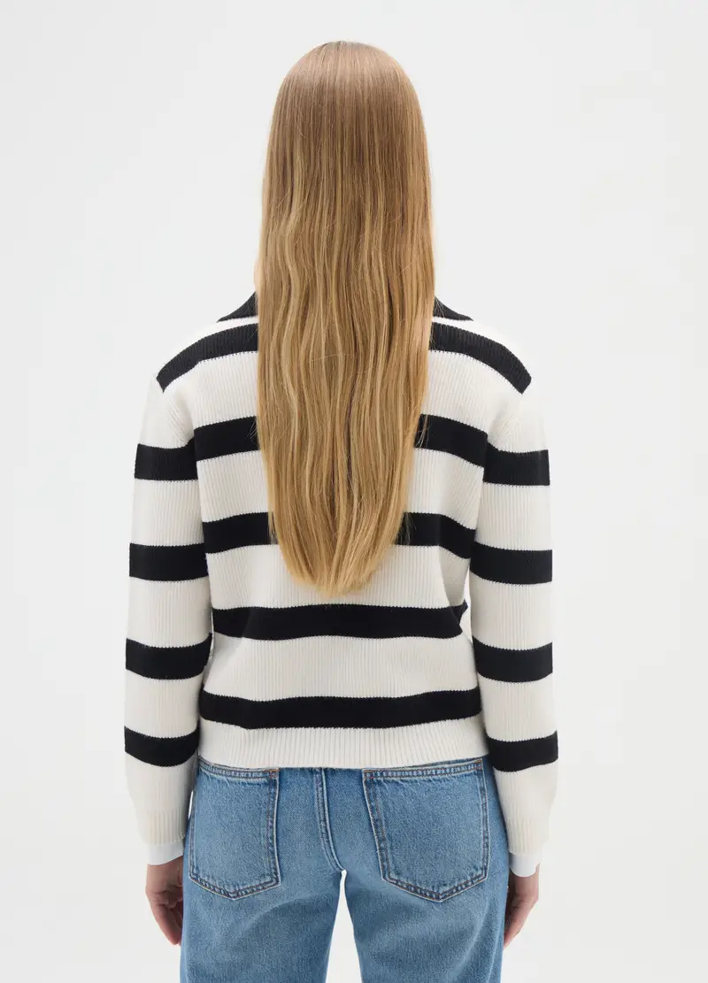 Maglione Bianco A Righe Nere Con Colletto, Donna, Bianco miniatura 3