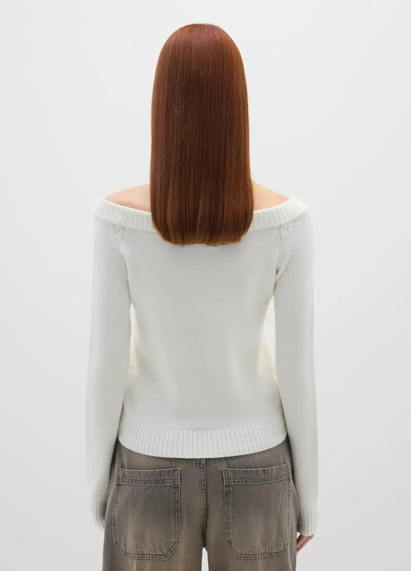 Maglione Bianco Con Scollo A Barca, Donna, Bianco miniatura 3