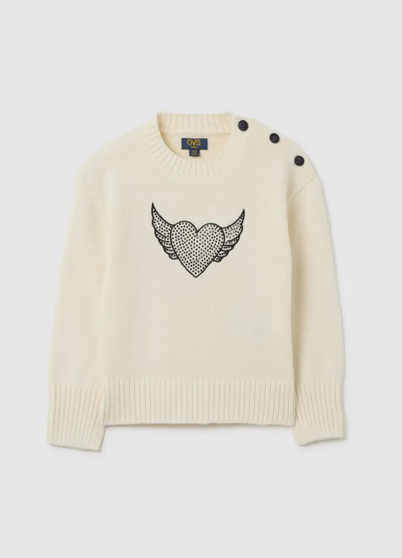 Maglione Bianco Per Bambina Con Cuore Ricamato, Beige