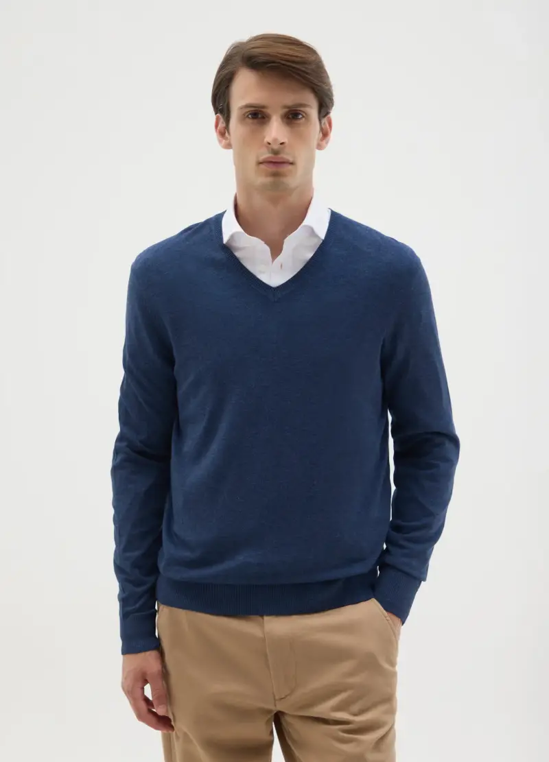 Maglione Blu Con Scollo A V In Misto Viscosa, Uomo, Blu