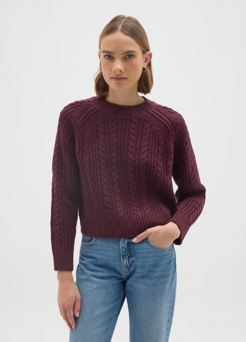 Maglione Bordeaux Con Lavorazione A Maglia, Donna, Rosso miniatura 2