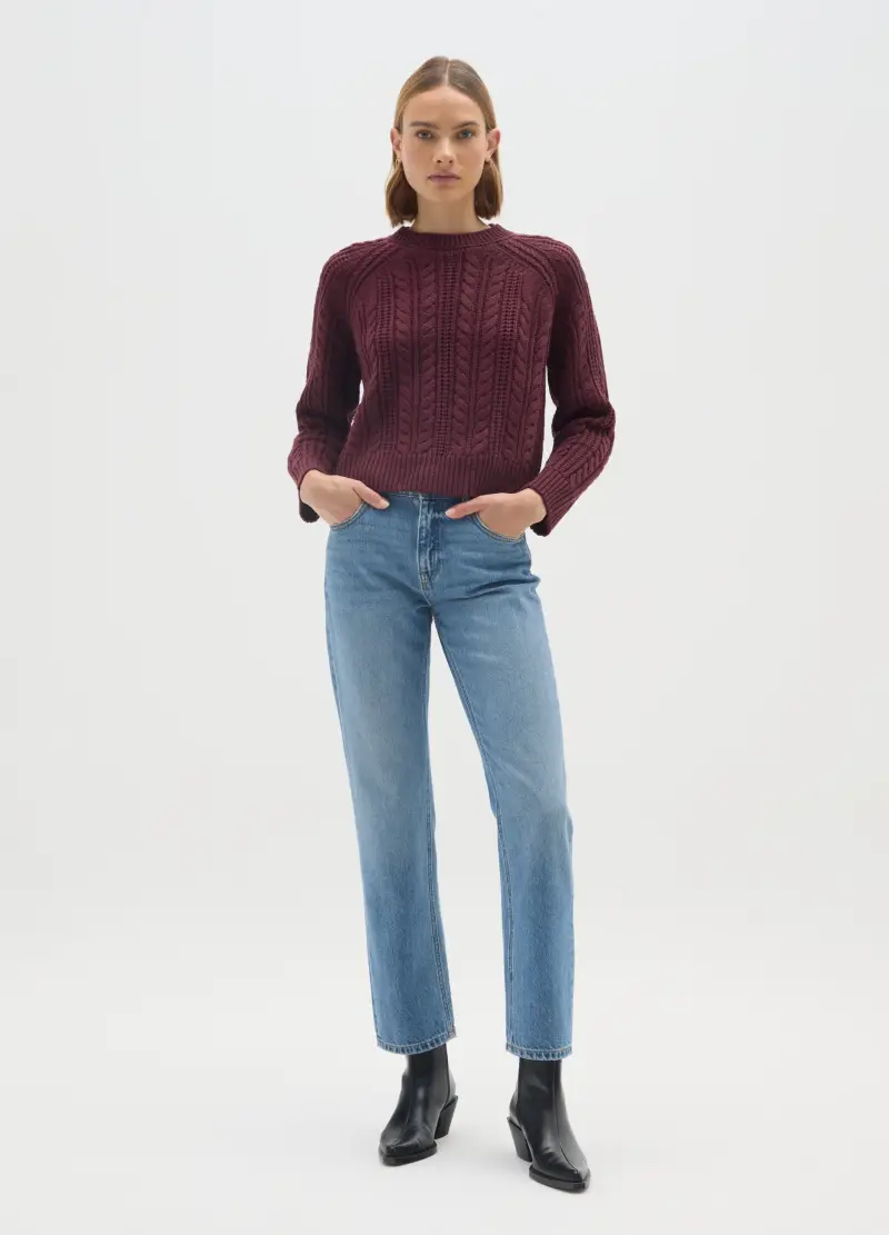 Maglione Bordeaux Con Lavorazione A Maglia, Donna, Rosso