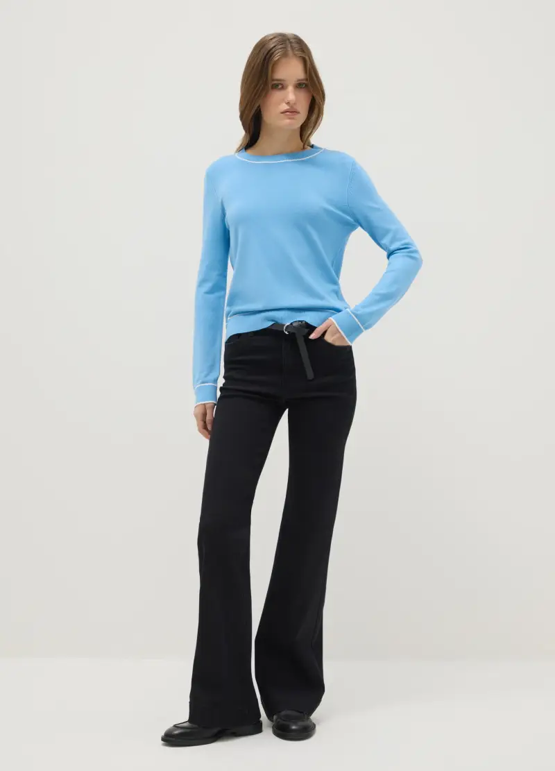 Maglione Girocollo Azzurro Regular Fit Con Dettagli A Contrasto, Donna, Azzurro miniatura 2