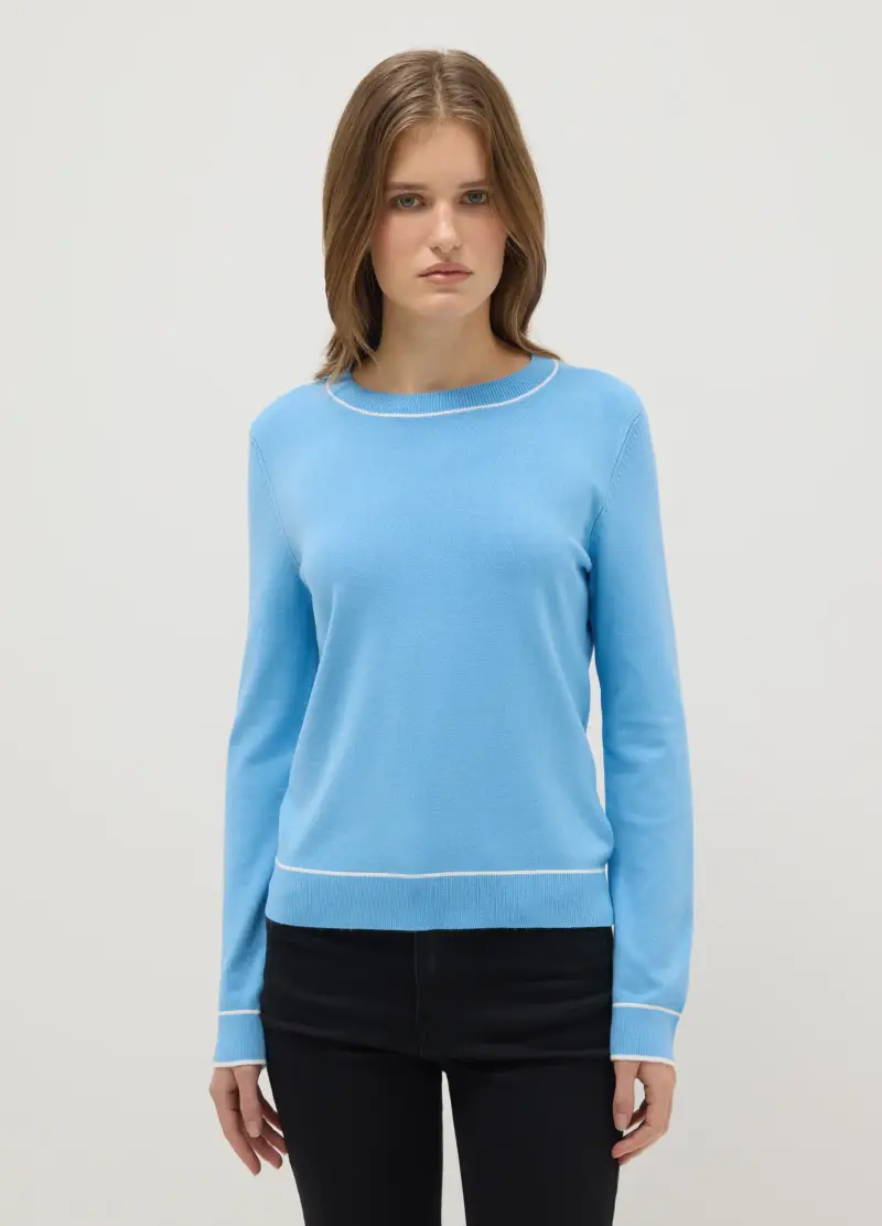 Maglione Girocollo Azzurro Regular Fit Con Dettagli A Contrasto, Donna, Azzurro