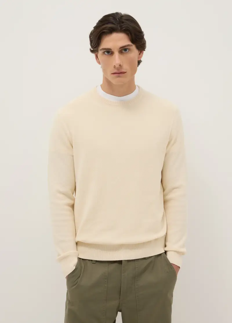 Maglione Girocollo Beige In Puro Cotone Regular Fit, Uomo, Beige
