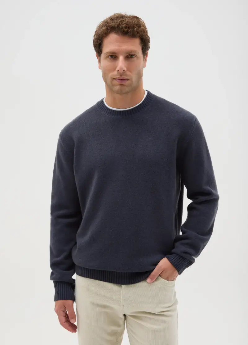 Maglione Girocollo Blu In Misto Lana Regular Fit, Uomo, Blu miniatura 2
