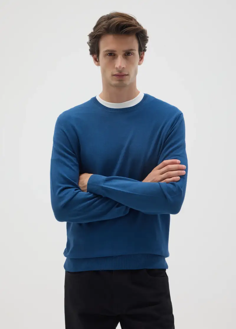 Maglione Girocollo Blu In Misto Viscosa, Uomo, Blu