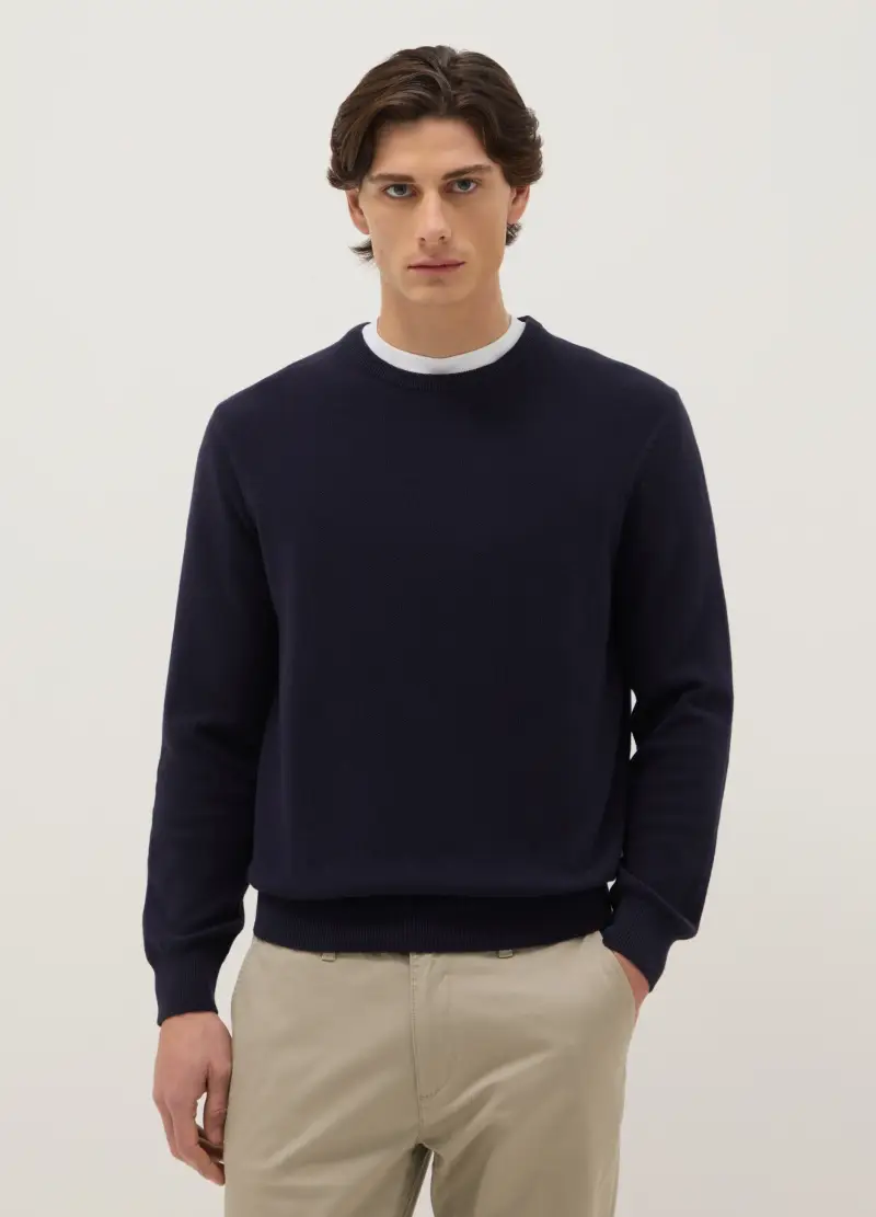 Maglione Girocollo Blu In Puro Cotone Regular Fit, Uomo, Blu