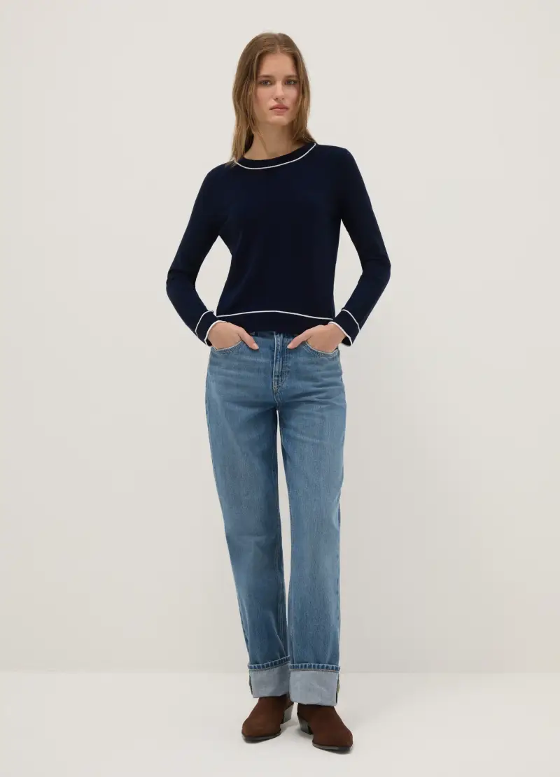 Maglione Girocollo Blu Regular Fit Con Dettagli A Contrasto, Donna, Blu miniatura 2