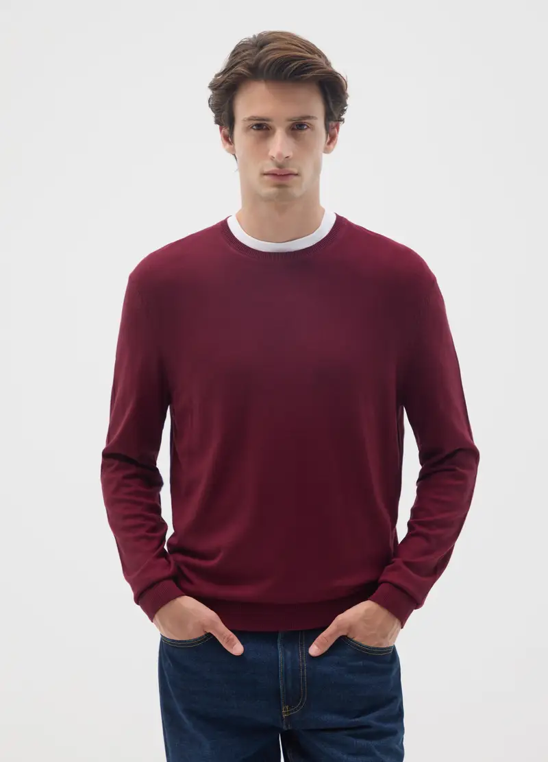 Maglione Girocollo Bordeaux In Misto Viscosa, Uomo, Rosso