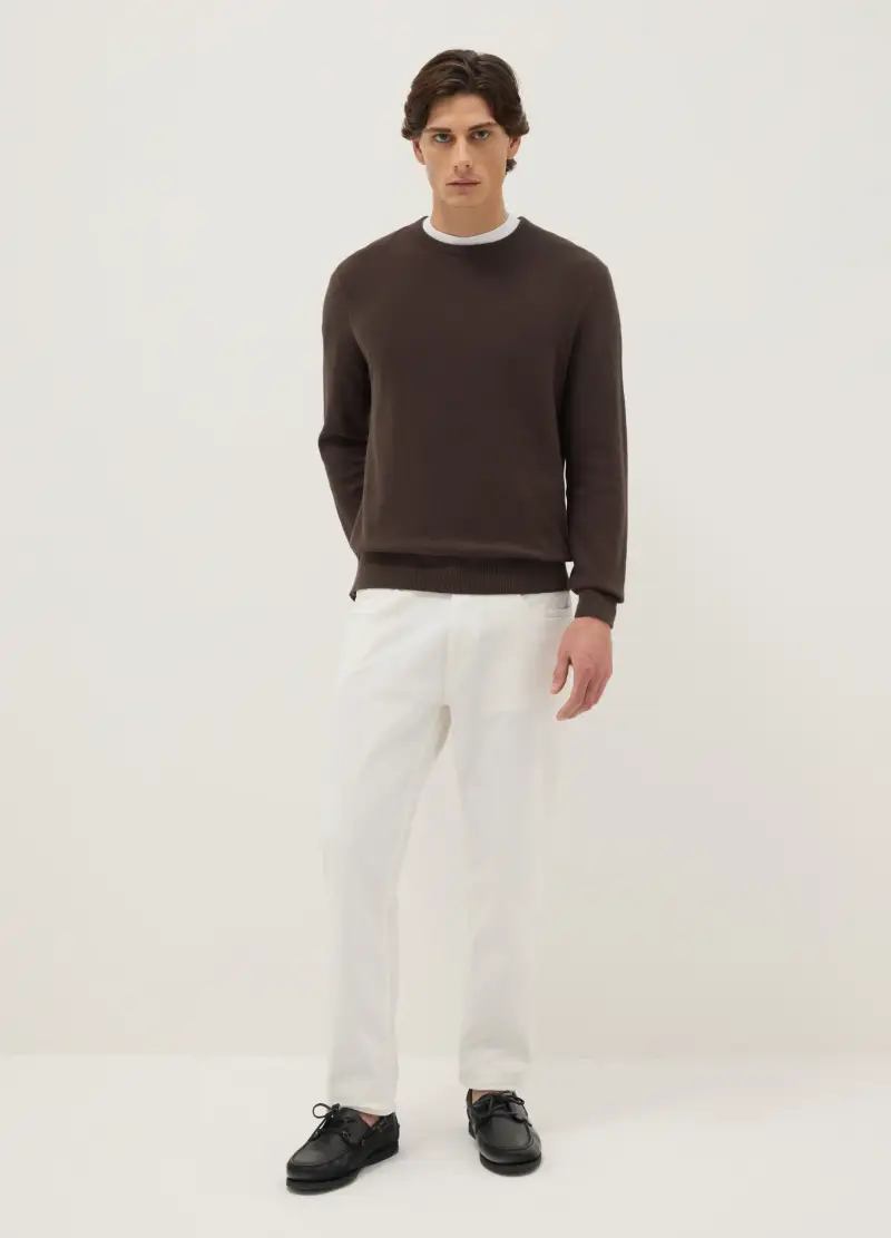 Maglione Girocollo Marrone In Puro Cotone Regular Fit, Uomo, Marrone miniatura 2