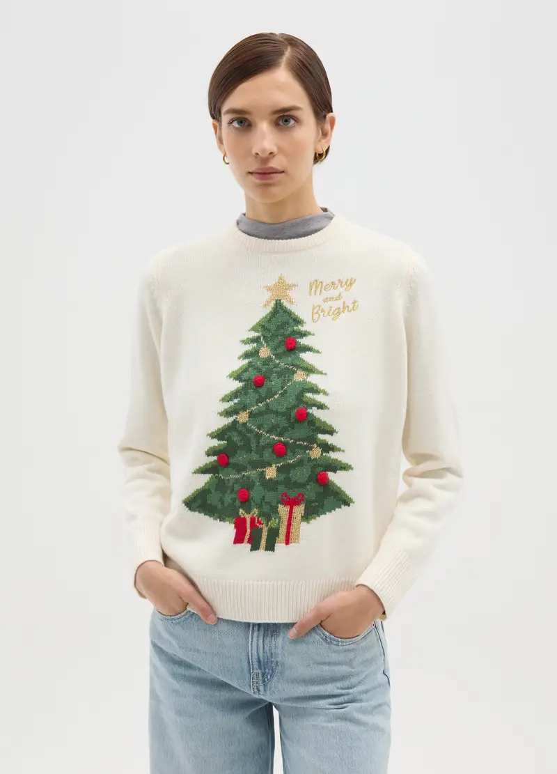 Maglione Girocollo Natalizio Bianco Regular Fit, Donna, Bianco miniatura 2