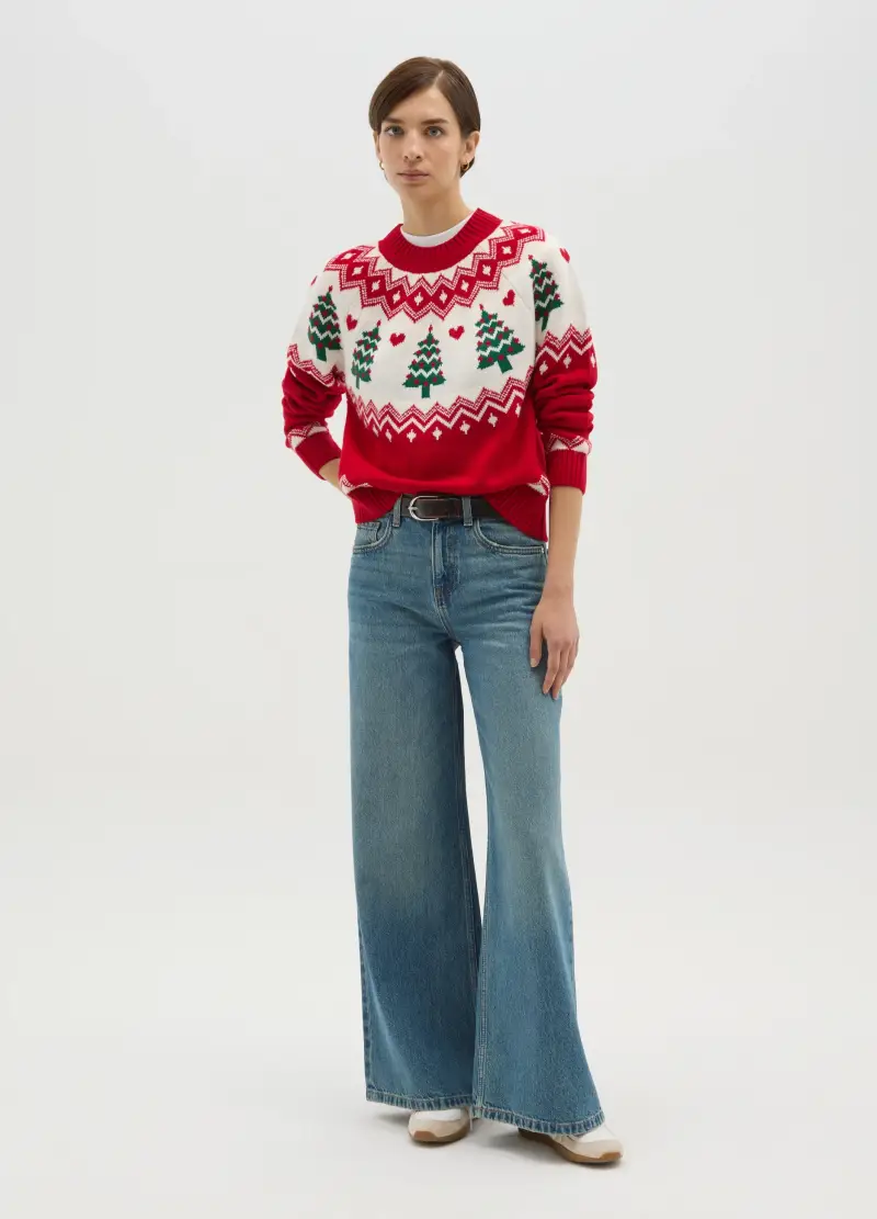 Maglione Girocollo Natalizio Multicolor Regular Fit, Donna, Multicolor