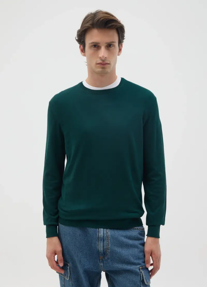 Maglione Girocollo Verde Scuro In Misto Viscosa, Uomo, Verde miniatura 2