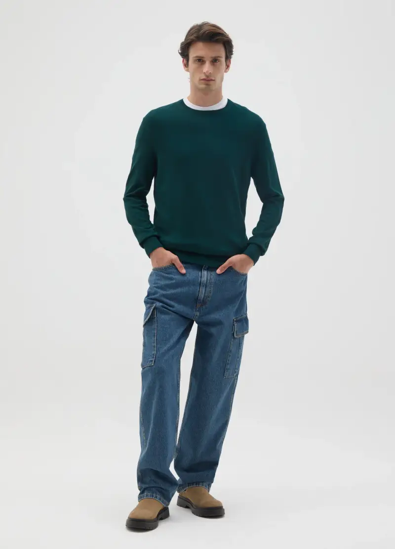 Maglione Girocollo Verde Scuro In Misto Viscosa, Uomo, Verde