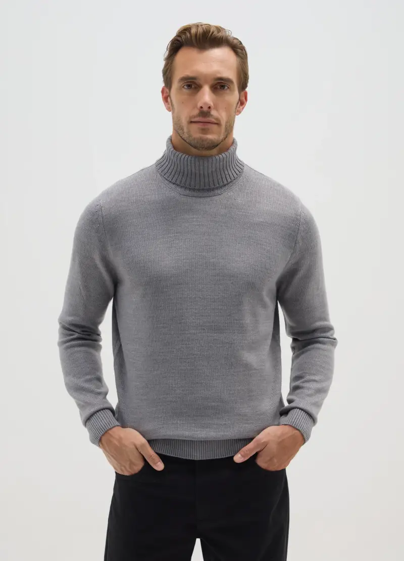 Maglione Grigio Con Collo Alto In Acrilico, Uomo, Grigio