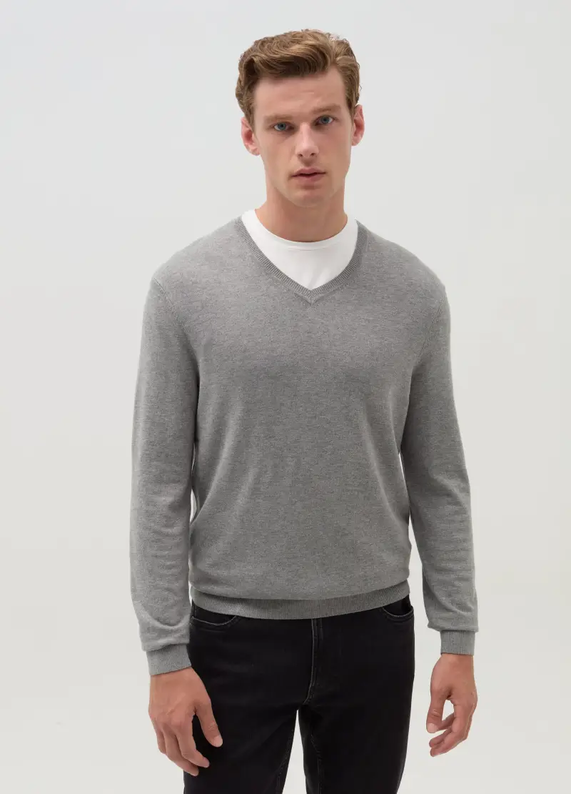 Maglione Grigio Con Scollo A V In Misto Viscosa, Uomo, Grigio miniatura 2