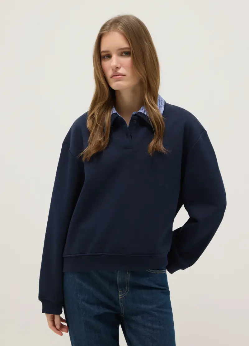 Maglione In Misto Cotone Blu Regular Fit Con Colletto A Contrasto, Donna, Blu miniatura 2