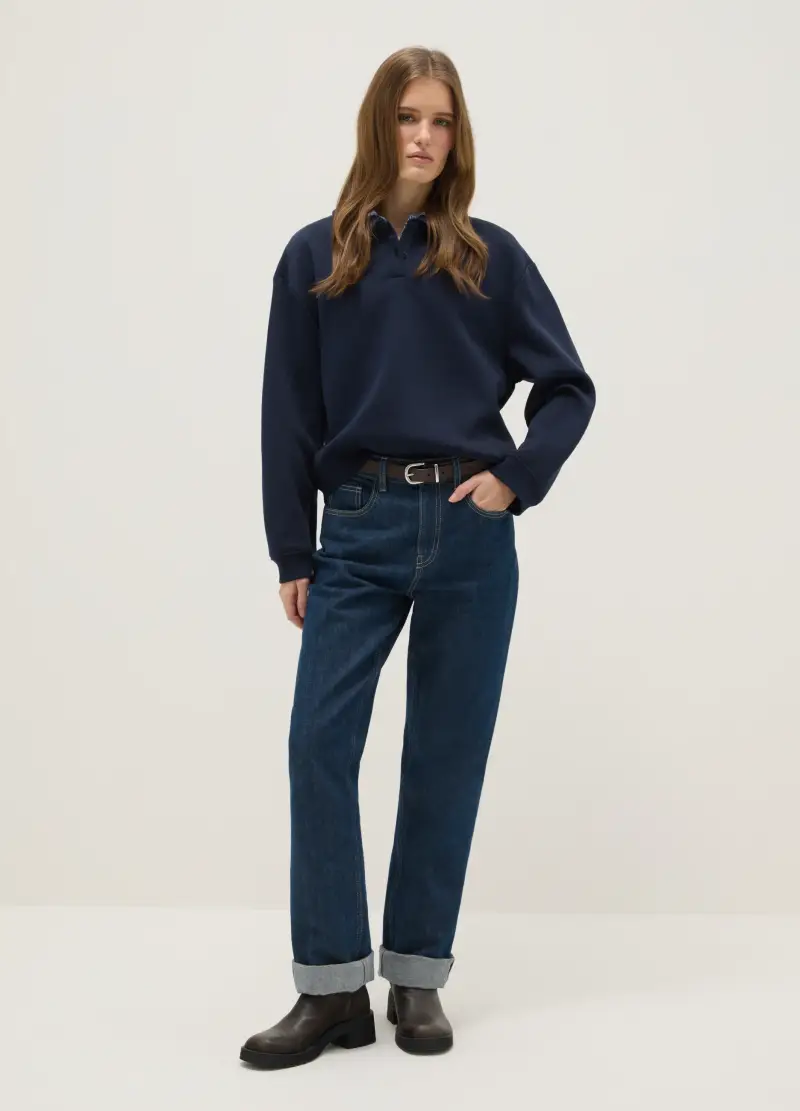 Maglione In Misto Cotone Blu Regular Fit Con Colletto A Contrasto, Donna, Blu